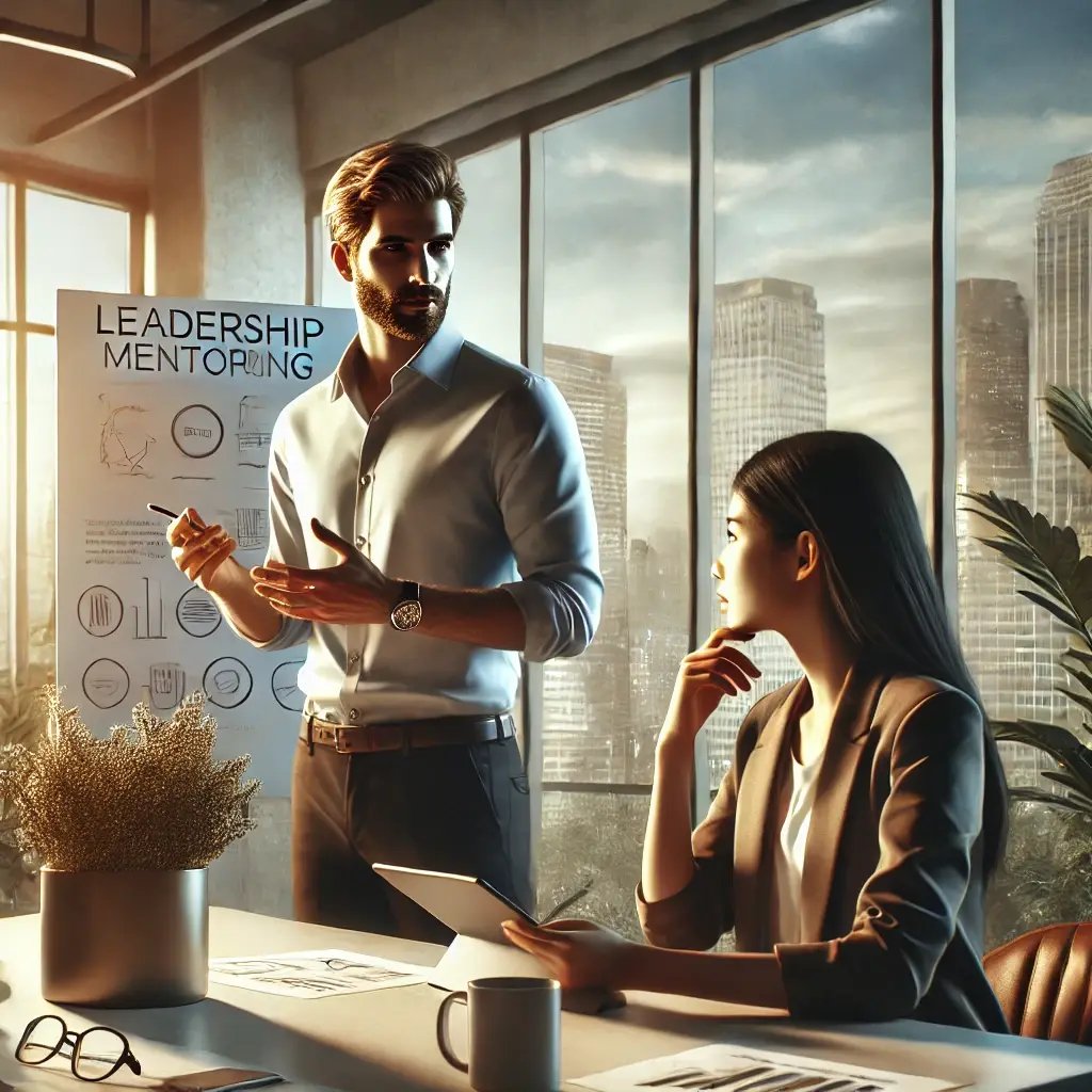 DALL·E 2024-11-21 21.10.43 - A photo-realistic depiction of leadership mentoring featuring a diverse mentor and mentee in terms of gender and background. The scene is set in a mod DALL·E 2024-11-21 21.10.43 - A photo-realistic depiction of leadership mentoring featuring a diverse mentor and mentee in terms of gender and background. The scene is set in a mod