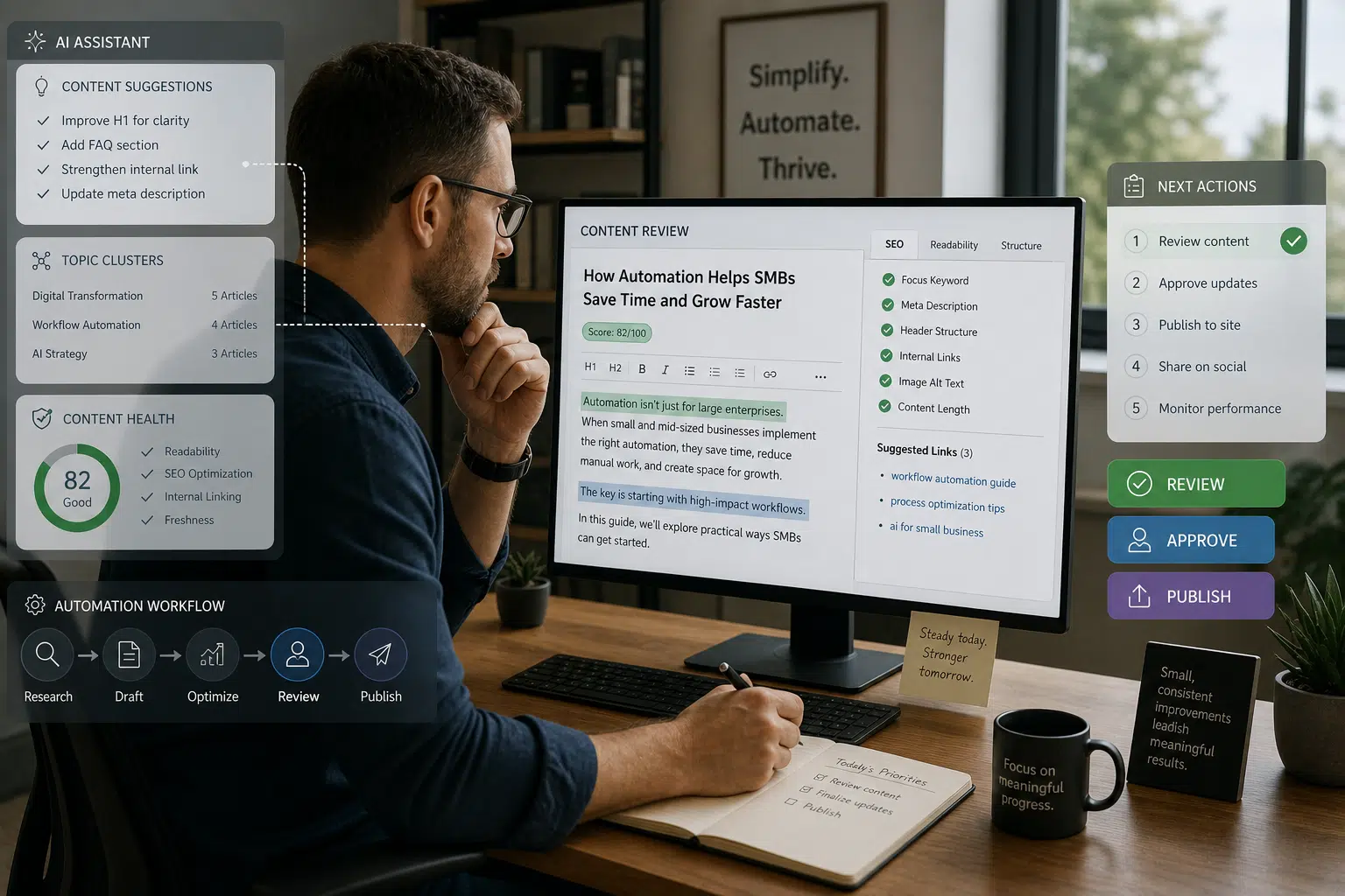 Focused professional workspace with AI panels Man reviewing weekly website and content improvements with AI assistance