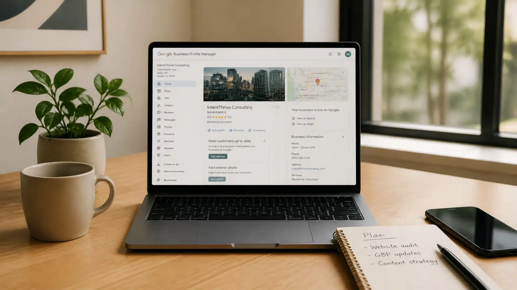 Laptop displaying business profile manager